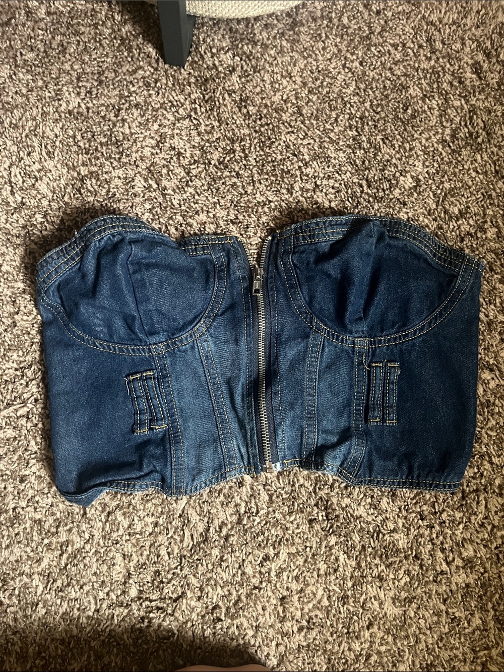 Denim Strapless Zip-Front Bustier Top - Dark Blue